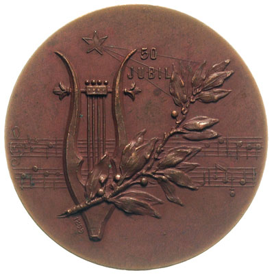 Fryderyk Chopin- medal autorstwa Wacława Szymanowskiego 1899 r., Aw: Głowa w prawo i napis F F CHOPIN - *22 II 1810 + 17 X 1849, Rw: Lira na tle nut, skośnie gałązka i ukryta data 1899, wyżej napis 50 JUBIL.,  brąz 40 mm. patyna