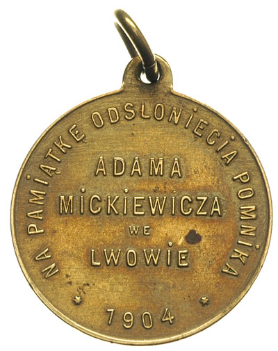 Odsłonięcie pomnika Adama Mickiewicza we Lwowie, niesygnowany medalik z uszkiem wybity w 1904 r., mosiądz 25 mm, Strzałkowski 52 (RR), rzadki
