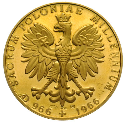 Millenium Chrztu Polski -medal niesygnowany 1966 r., Aw: Obraz M. B. Częstochowskiej, z lewej MÓDL / SIĘ ZA / NAMI, w otoku napis TYSIĄCLECIE POLSKI CHRZEŚCIAŃSKIEJ, Rw: Orzeł w koronie i napis SACRUM POLONIAE MILLENNIUM AD 966-1966, punce w tle, złoto \900, 17.58 g