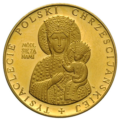 Millenium Chrztu Polski -medal niesygnowany 1966 r., Aw: Obraz M. B. Częstochowskiej, z lewej MÓDL / SIĘ ZA / NAMI, w otoku napis TYSIĄCLECIE POLSKI CHRZEŚCIAŃSKIEJ, Rw: Orzeł w koronie i napis SACRUM POLONIAE MILLENNIUM AD 966-1966, punce w tle, złoto \900, 7.03 g