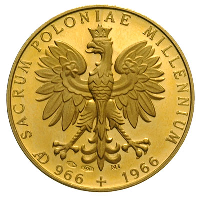 Millenium Chrztu Polski -medal niesygnowany 1966 r., Aw: Obraz M. B. Częstochowskiej, z lewej MÓDL / SIĘ ZA / NAMI, w otoku napis TYSIĄCLECIE POLSKI CHRZEŚCIAŃSKIEJ, Rw: Orzeł w koronie i napis SACRUM POLONIAE MILLENNIUM AD 966-1966, punce w tle, złoto \900, 7.03 g