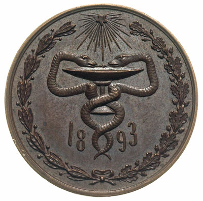 medal sygnowany AГ (A. Griliches) z Pierwszej Wszechrosyjskiej Wystawy Higienicznej w 1893 roku, Aw: Pomnik Piotra I w Petersburgu i napis wokoło, Rw: Wieniec oliwno-dębowy, wewnątrz dwa węże splecione wokół kielicha i data 18 - 93, brąz 28 mm, Diakov 1083.3, piękny egzemplarz, patyna