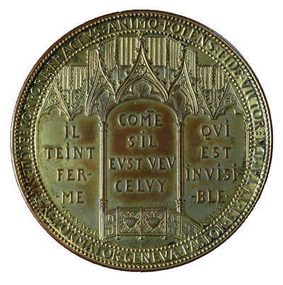 Jan Kalwin - medal autorstwa A. Bovy’ego wybity w 1835 r. z okazji Jubileuszu Reformacji, Aw: Popiersie w lewo i napis IOHANNES CALVINVS NATVS NOVIODVNI 1509 MORTVS GENEVAE 1564, Rw: Gotycka ambona, w polu i w otoku napisy, brąz ze śladami złocenia 107 mm, Slg. Whiting 682
