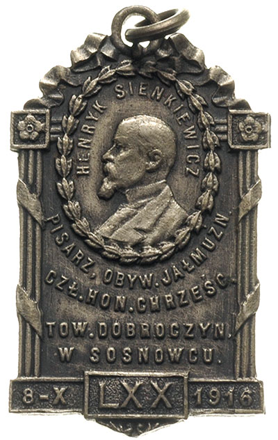 Henryk Sienkiewicz 1916 -plakieta z uszkiem Chrześcijańskiego Towarzystwa Dobroczynności w Sosnowcu, na stronie odwrotnej punca SREBRO, 6.09 g, 21 x 35 mm, patyna
