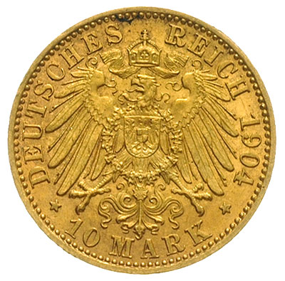 10 marek 1904 / A, Berlin, złoto 3.98 g, J. 227, niski nakład, bardzo rzadkie i pięknie zachowane