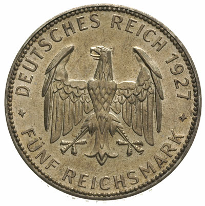 5 marek 1927 / F, Stuttgart, wybite na 450-lecie Uniwersytetu w Tübingen, J. 329, bardzo ładne i rzadkie