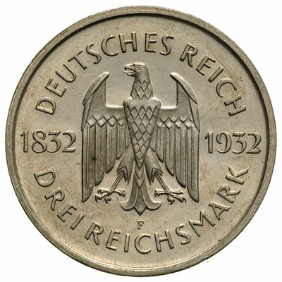 3 marki 1932 / F, Stuttgart, wybite z okazji 100. rocznicy śmierci Goethego, J. 350, wybite stemplem lustrzanym, rzadkie i pięknie zachowane