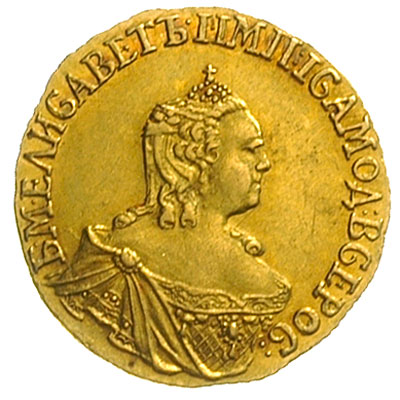 rubel 1756, Krasny Dwor, złoto 1.59 g, Diakov 390 (R1), Jusupov 1, Bitkin 62 (R), bardzo ładnie zachowany