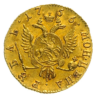 rubel 1756, Krasny Dwor, złoto 1.59 g, Diakov 390 (R1), Jusupov 1, Bitkin 62 (R), bardzo ładnie zachowany