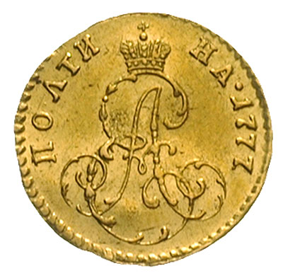 połtina 1777, Petersburg, złoto 0.66 g, Diakov 355, Jusupov 1, Bitkin 116 (R), ładnie zachowana