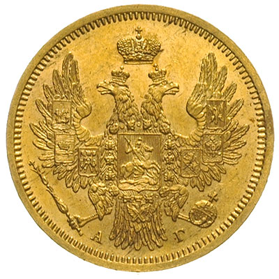 5 rubli 1854 / АГ, Petersburg, złoto 6.53 g, Bitkin 37, wyśmienicie zachowane, rzadkie w tym stanie zachowania
