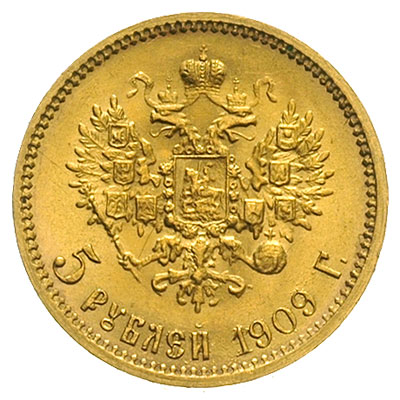 5 rubli 1909 / ЭБ, Petersburg, złoto 4.29 g, Kazakov 360, rzadki rocznik, piękne