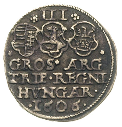 trojak 1606, Aw: Popiersie w prawo, Rw: Tarcze herbowe Węgier, Bocskajów i Siedmiogrodu, Resch 88, patyna