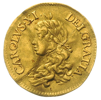 dukat 1669, Sztokholm, Aw: Popiersie króla w lewo, Rw: Monogramy, herby i korony ułożone w krzyż, złoto 3.38 g, AAH 13(R), gięty, rzadki