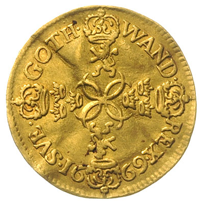 dukat 1669, Sztokholm, Aw: Popiersie króla w lewo, Rw: Monogramy, herby i korony ułożone w krzyż, złoto 3.38 g, AAH 13(R), gięty, rzadki