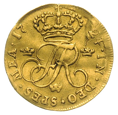 dukat 1724, Sztokholm, złoto 3.43 g, AAH 7 (R), gięty, rzadki nawet w tym stanie zachowania