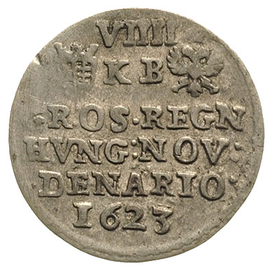 grosz = 9 denarów 1623, Krzemnica, Huszar 1191, Her. 1017, ciekawa moneta nawiązująca wizerunkiem do trojaków krakowskich Zygmunta III Wazy