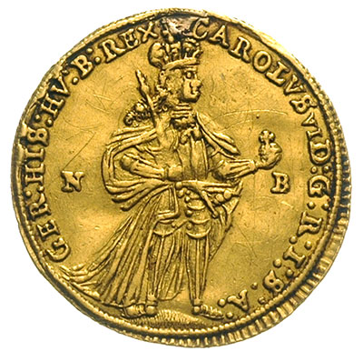 dukat 1725 / NB, Nagy Banya, złoto 3.42 g, Huszar 1588- ale nieco inny awers, Her. 152, ślad po zawieszce