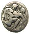 stater 500-463 pne, Aw: Satyr klęczący w prawo trzymający na rękach nimfę, Rw: Kwadrat incusum, sr..
