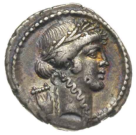 P. Clodius m. f. 42 pne, denar, Rzym, Aw: Głowa Apolla w wieńcu laurowym w prawo, Rw: Diana z łukiem i kołczanem na ramieniu stojąca na wprost, trzymająca w każdej dłoni długie pochodnie, po bokach P. CLODIVS - M. F., srebro 3.80 g, Craw. 494/23, Syd. 1117, BMCRR 4290, patyna