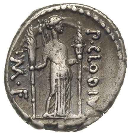 P. Clodius m. f. 42 pne, denar, Rzym, Aw: Głowa Apolla w wieńcu laurowym w prawo, Rw: Diana z łukiem i kołczanem na ramieniu stojąca na wprost, trzymająca w każdej dłoni długie pochodnie, po bokach P. CLODIVS - M. F., srebro 3.80 g, Craw. 494/23, Syd. 1117, BMCRR 4290, patyna
