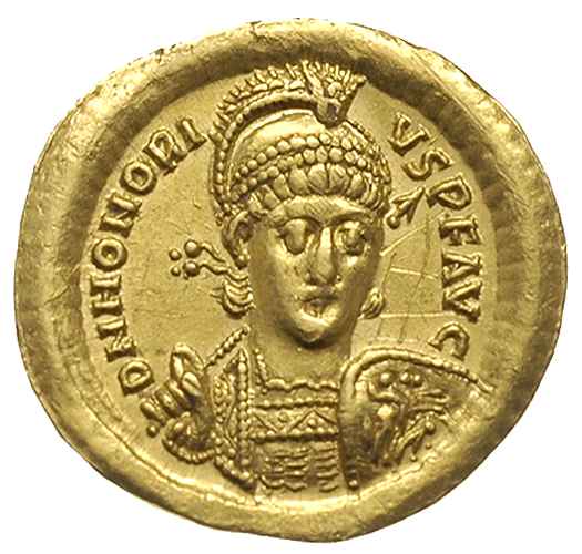 Honoriusz 393-423, solidus ok. 408-420, Konstantynopol, oficyna B, Aw: Popiersie cesarza trzymającego włócznię i tarczę na wprost, D N HONORI-VS P F AVG, Rw: Konstantynopolis siedząca na tronie, wsparta nogą na dziobie galery, trzymająca włócznię i jabłko, na którym Wiktoria z wieńcem, złoto 4.41 g, RIC X 201 (R), bardzo ładnie zachowany