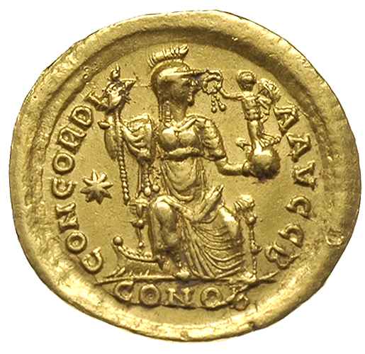 Honoriusz 393-423, solidus ok. 408-420, Konstantynopol, oficyna B, Aw: Popiersie cesarza trzymającego włócznię i tarczę na wprost, D N HONORI-VS P F AVG, Rw: Konstantynopolis siedząca na tronie, wsparta nogą na dziobie galery, trzymająca włócznię i jabłko, na którym Wiktoria z wieńcem, złoto 4.41 g, RIC X 201 (R), bardzo ładnie zachowany