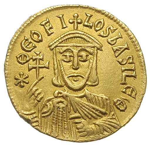 Teofil 829-842, solidus 830-840, Konstantynopol, Aw: Popiersie cesarza Teofila z krzyżem w uniesionej dłoni na wprost, *ΘΕΟFI - LOS bASILE’ Θ, Rw: Popiersia cezarów Michała II i Konstantyna na wprost, + MIXAHL S CONSTANTIN’, złoto 4.44 g, DOC 3e, Sear 1653, bardzo ładnie zachowany jak na ten rzadki typ monety niespotykanego cesarza bizantyjskiego