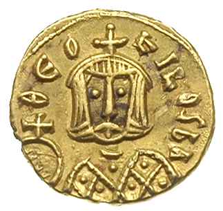 Teofil 829-842, semis, 829-830, Syrakuzy, Aw: Udrapowane popiersie cesarza z jabłkiem królewskim na wprost, ΘΕΟ - FILOS bA, Rw: Popiersie cesarza w loros z jabłkiem królewskim na wprost, ΘEO - FILOS bA, złoto 1.78 g, DOC 19.1, Sear 1676, bardzo ładnie zachowany jak na ten rzadki typ monety niespotykanego cesarza