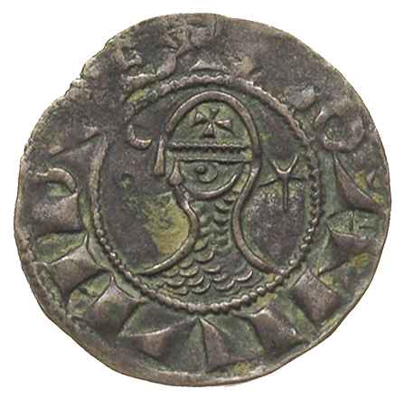 ANTIOCHIA, Bohemud III 1149-1163, denar, typ z hełmem, Aw: Popiersie w hełmie w lewo, w polu * i o, wokoło + BOAMVNDVS, Rw: Krzyż, w polu półksiężyc, wokoło + ANTIOCHIA, Metcalf 265?, Schlumberger III/4, patyna