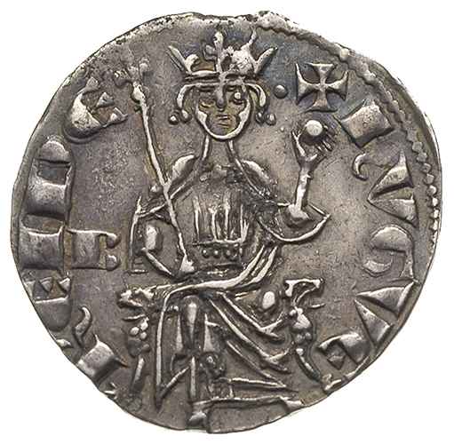 CYPR, Hugo IV de Lusignan 1324-1359, grosz szeroki, Aw: Hugo siedzący na tronie, trzymający berło i glob z krzyżem, w polu po lewej B, wokoło + HUGUE REIDE, Rw: Krzyż z poprzeczkami na końcach ramion, w polach małe krzyżyki, wokoło +IERUSALEM ED CHIPRE, srebro 4.46 g, Metcalf 574, Schlumberger VI/24 (ale tam z kropką nad B), bardzo ładnie zachowany jak na ten typ monety