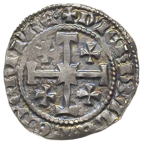 CYPR, Piotr II de Lusignan 1369-1382, grosz, Aw: Król siedzący na tronie, trzymający berło i glob z krzyżem, wokoło + PIERE PARLA GRACE DE DIE ROI, Rw: Krzyż z poprzeczkami na końcach ramion, w polach małe krzyżyki, wokoło +D’ IERU3ALEM ED CHIPRE, srebro 4.57 g, Metcalf 606, Schlumberger VII/4 (inna legenda)