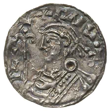Knut 1016-1035, denar, Aw: Popiersie w czepcu z berłem w lewo, Rw: Krótki dwunitkowy krzyż z kółkiem w środku, srebro 1.14 g, Spink 1159, patyna
