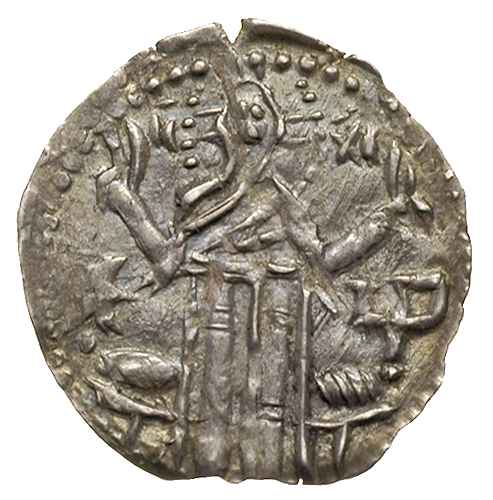 Iwan Aleksander 1331-1371, grosz, Aw: Chrystus na wprost, Rw: Dwie postacie na wprost, trzymające chorągiew, srebro 0.88 g, Youroukova/Penchev 74-80, bardzo ładny