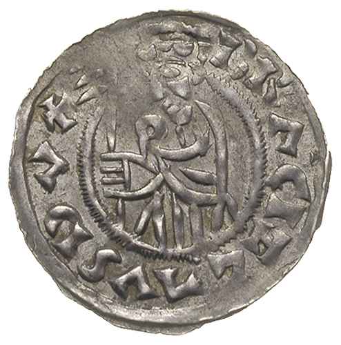 Brzetysław I 1037-1055, denar, A: Popiersie księcia z chorągwią w lewo, BRACISLAVS DVX, Rw: Książę na tronie na wprost, SCS. WENCESLAVS, srebro 0.92 g, Cach 317, bardzo ładnie zachowany