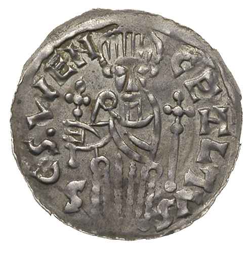 Brzetysław I 1037-1055, denar, A: Popiersie księcia z chorągwią w lewo, BRACISLAVS DVX, Rw: Książę na tronie na wprost, SCS. WENCESLAVS, srebro 0.92 g, Cach 317, bardzo ładnie zachowany