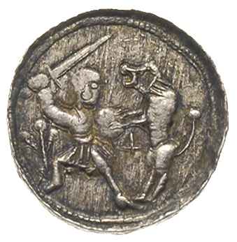 Władysław Wygnaniec 1138-1146, denar, Aw: Książę na tronie, obok giermek, Rw: Rycerz walczący ze lwem, srebro 0.74 g, Str. 40, Such. XVI, bardzo ładny, rzadki w tym stanie zachowania
