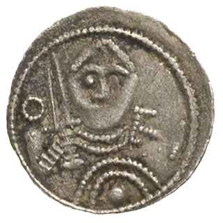 Władysław Wygnaniec 1138-1146, denar, Aw: Książę z mieczem, po lewej O, po prawej H, srebro 0.40 g, Str. 42, Such. XVII/1, dość ładny egzemplarz z jasną patyną