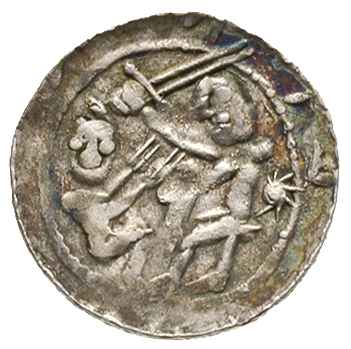 Władysław Wygnaniec 1138-1146, denar, Aw: Rycerz z mieczem nad jeńcem, Rw: Orzeł chwytający w locie zająca, srebro 0.50 g, Str. 43, Such. XVIII, niewielka miejscowa patyna