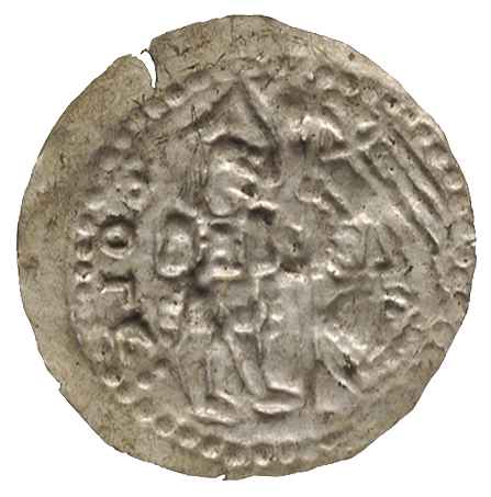 Małopolska, Bolesław V Wstydliwy 1243-1279, brakteat, Książę stojący w lewo z chorągwią, z lewej łuk ze strzałą skierowaną do góry, z prawej BOLE, Str. 185cde, niewielkie wyszczerbienie, ale ładnie zachowany