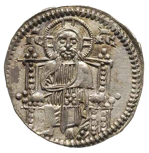 Stefan Uros II Milutin 1282-1321, grosz, Aw: Chrystus siedzący na tronie na wprost, u góry IC - XC, Rw: Dwie postacie z chorągwią, po bokach napisy, srebro 2.23 g, Jovanovic 7.1.1, wyśmienity stan zachowania