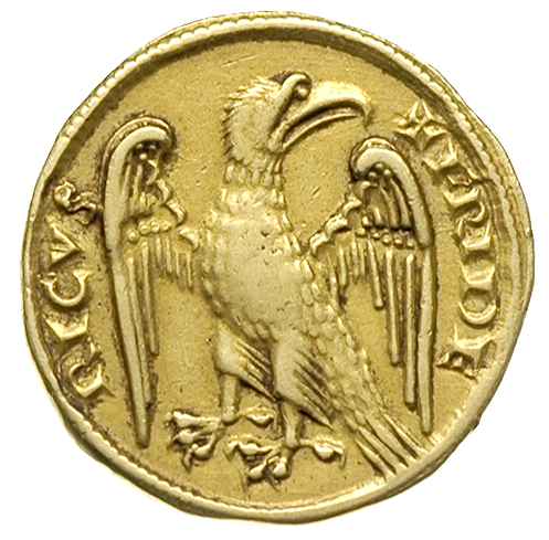 Sycylia, Fryderyk II 1196-1250, augustalis, wybity po 1231, Messyna, Aw: Popiersie w wieńcu w prawo, CESAR AVG - IMP ROM, Rw: Orzeł z rozpostartymi skrzydłami i głową zwróconą w prawo, FRIDE - RICVS, złoto 5.21 g, Fr. 134, Spahr 98, bardzo rzadki, bardzo interesująca historycznie moneta