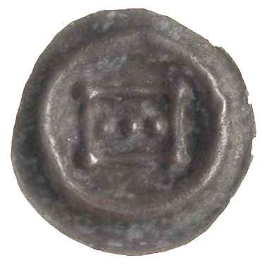 brakteat 1297-1307, Prostokąt z kulkami w narożnikach, w środku trzy kulki w rzędzie, srebro 0.19 g, BRP Prusy T7.5 (ten egzemplarz)
