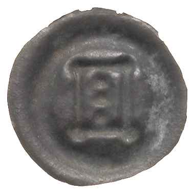 brakteat 1297-1307, Prostokąt z kulkami w narożnikach, w środku trzy kulki w rzędzie, srebro 0.19 g, BRP Prusy T7.5 (ten egzemplarz)