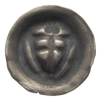 brakteat 1307-1317, Tarcza zakonna, powyżej trójlistek, w lewym polu zarys kulki, srebro 0.23 g, BRP Prusy T8a.28