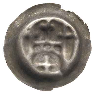 brakteat 1327-1337, Brama na dwóch słupach z trzema strzelnicami, zwieńczona trzema krzyżami, srebro 0.20 g, Paszk. T10.1 (2) (ten egzemplarz), moneta z 34. aukcji WCN