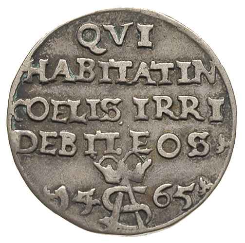 trojak 1565, Tykocin, Iger V.65.d (R5), Ivanauskas 9SA60-9, T. 15, moneta z cytatem z psalmu zwana trojakiem szyderczym, patyna, rzadki