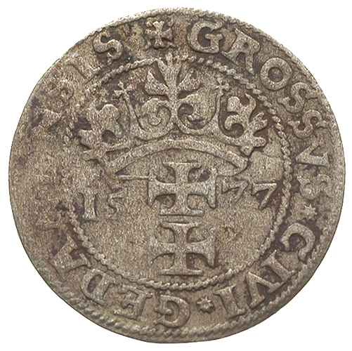 grosz oblężniczy 1577, Gdańsk, wybity w czasie gdy zarządcą mennicy był K. Goebl, na awersie głowa Chrystusa nie przerywa wewnętrznej obwódki, T. 2.50