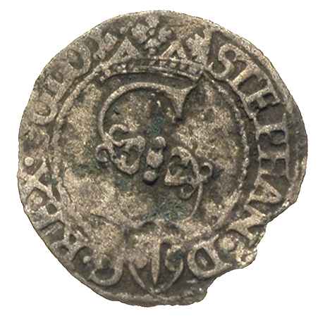 szeląg 1582, Olkusz, na awersie duża ukoronowana litera S i herb Przegonia rozdzielają napis, na rewersie krzyżyk korony rozdziela cyfry daty, moneta wyszczerbiona, bardzo rzadka
