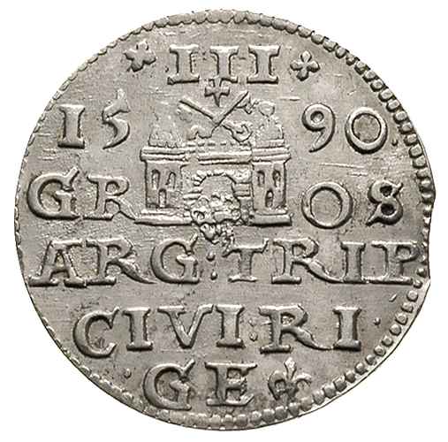 trojak 1590, Ryga, duża głowa, Iger R.90.2.b (R2)-podobny, Gerbaszewski 21, rzadki typ monety